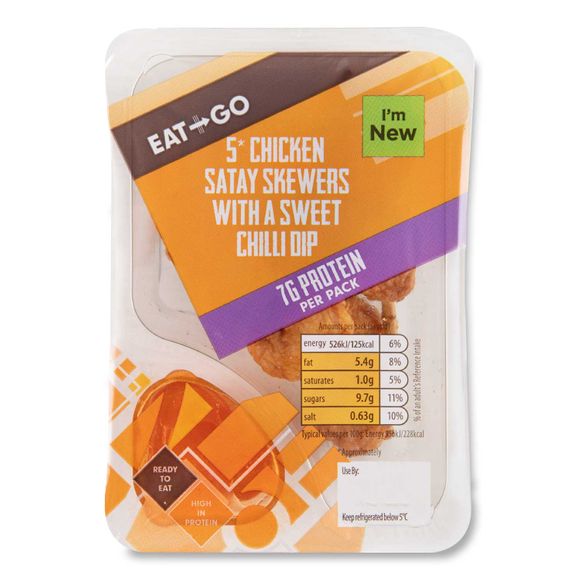 Eat & Go Chicken Satay Skewers With A Sweet Chilli Dip 55g/5 Pack ALDI